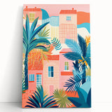 Maximalist Wall Art - Bold Tropical Houses Scene - Vibrant Decor Piece