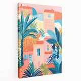 Maximalist Wall Art - Bold Tropical Houses Scene - Vibrant Decor Piece