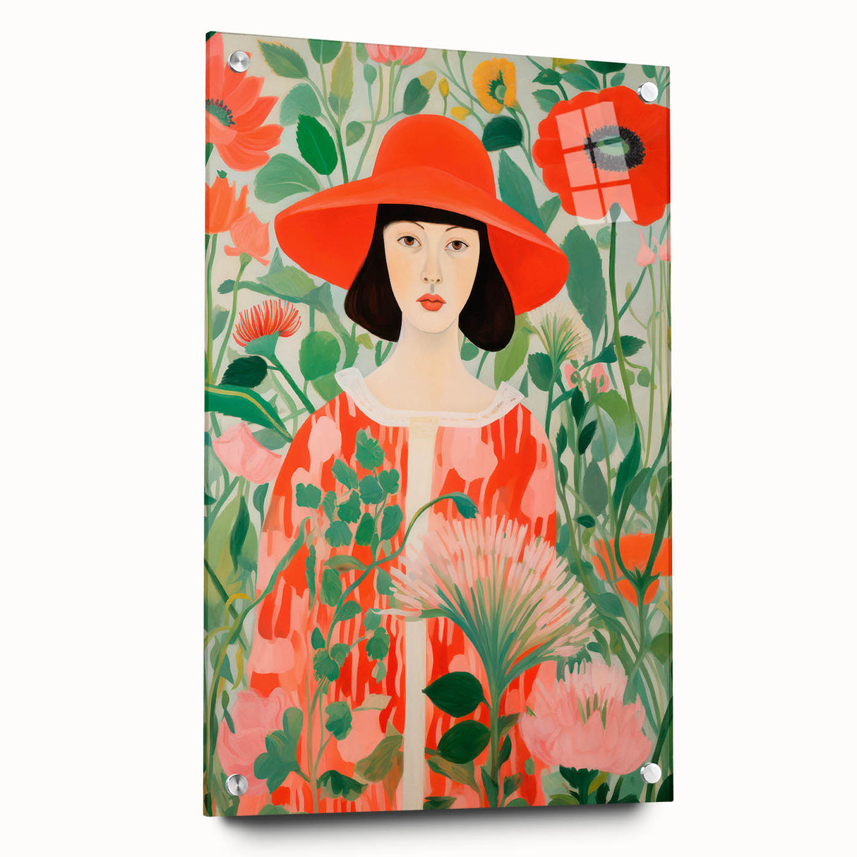 Maximalist Wall Art - Bold Floral Portrait with Red Hat - Vibrant Decor