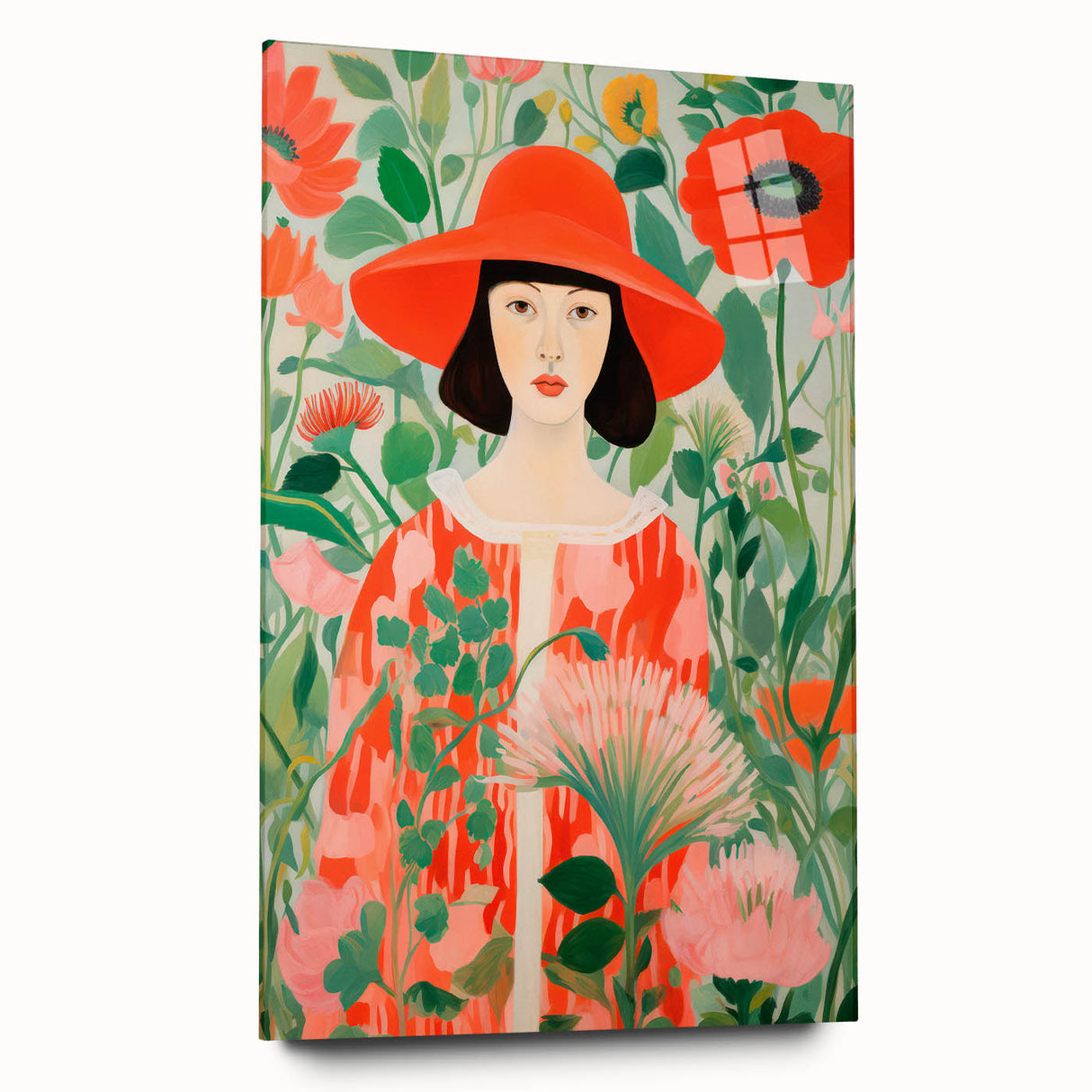 Maximalist Wall Art - Bold Floral Portrait with Red Hat - Vibrant Decor