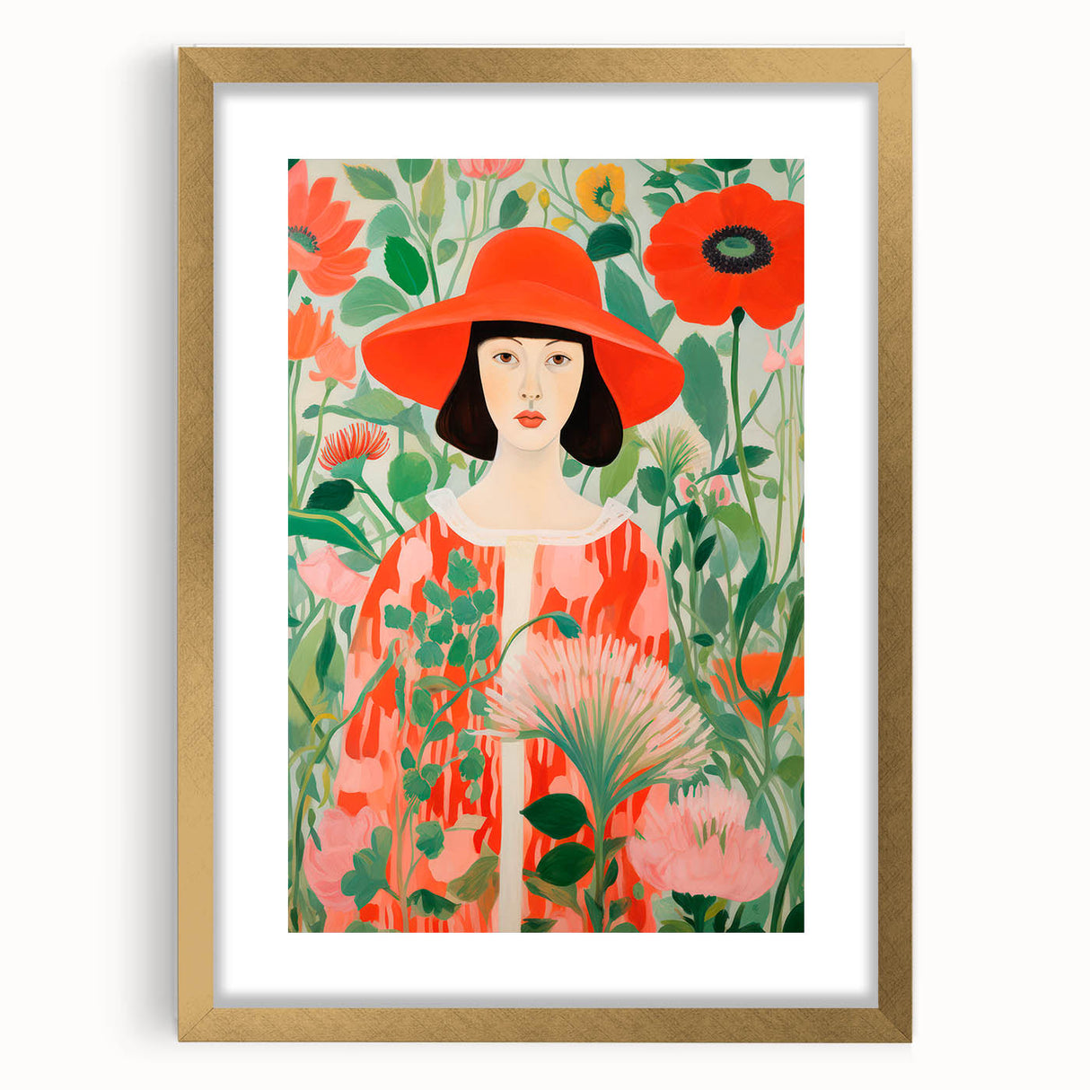 Maximalist Wall Art - Bold Floral Portrait with Red Hat - Vibrant Decor