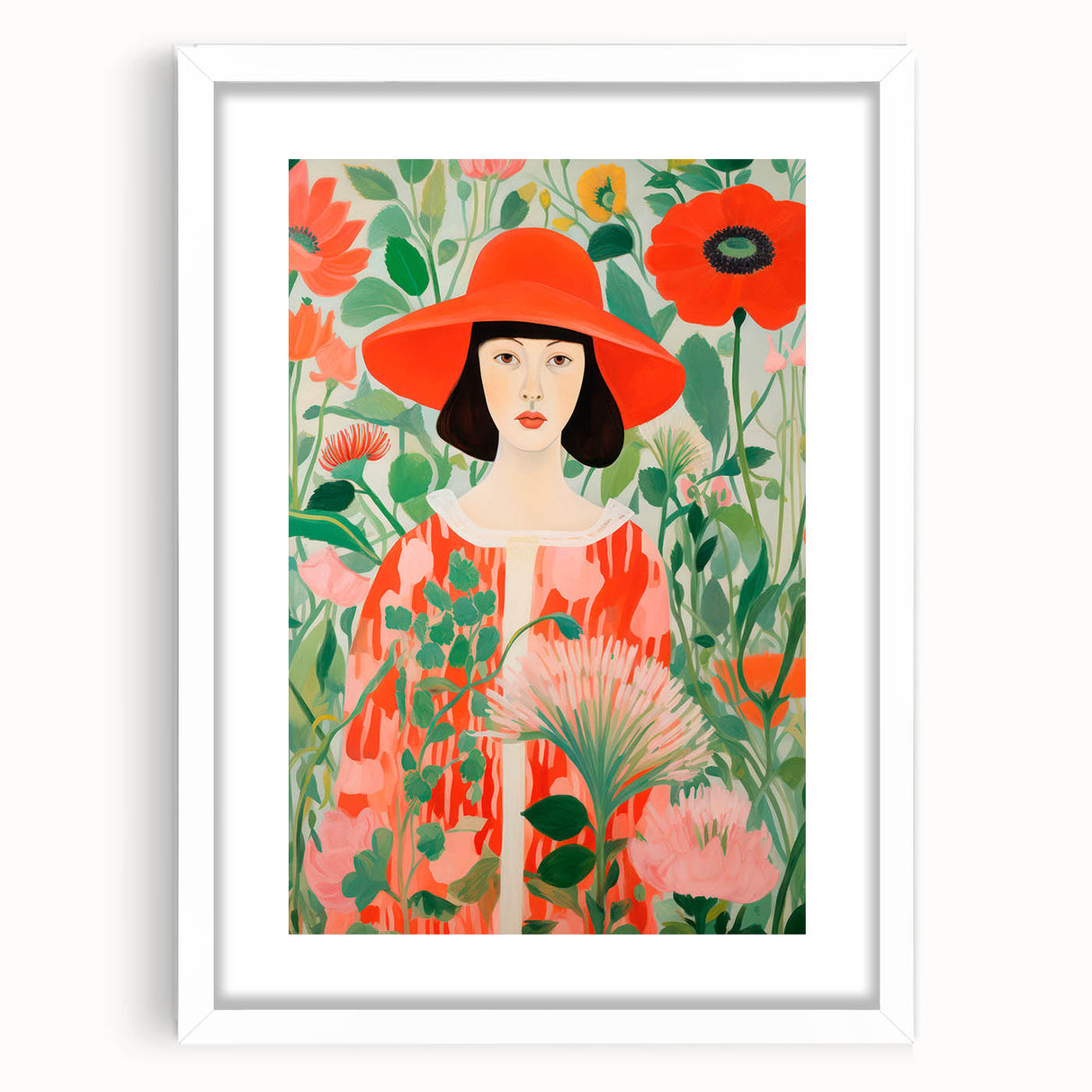 Maximalist Wall Art - Bold Floral Portrait with Red Hat - Vibrant Decor