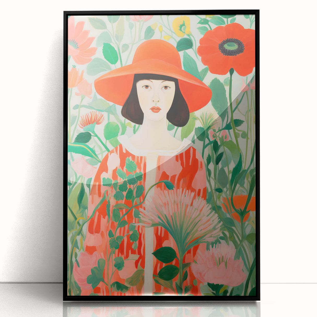 Maximalist Wall Art - Bold Floral Portrait with Red Hat - Vibrant Decor