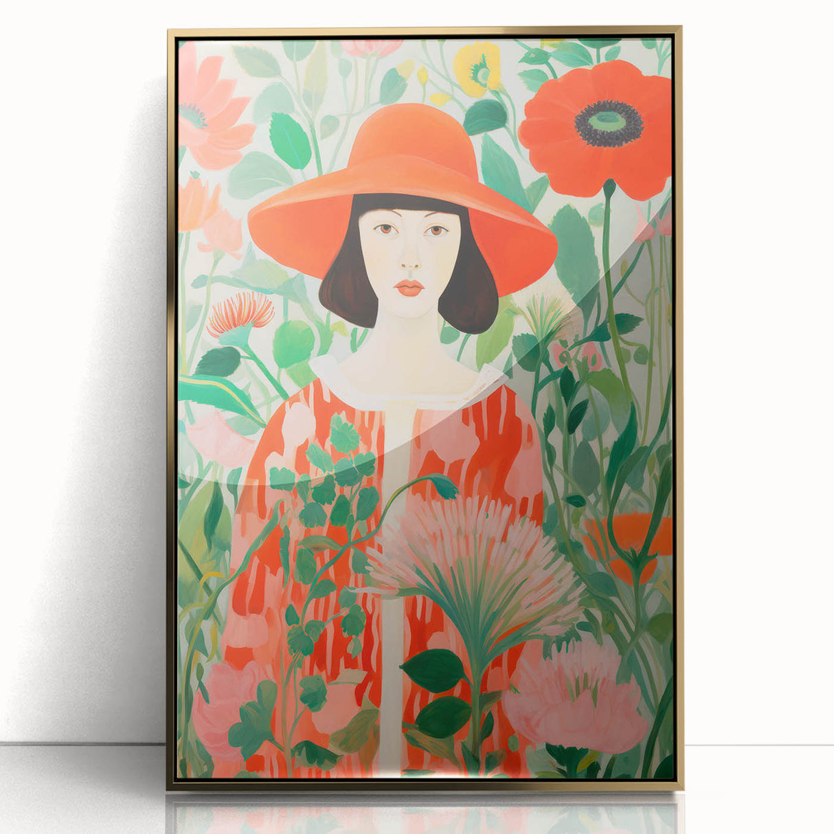 Maximalist Wall Art - Bold Floral Portrait with Red Hat - Vibrant Decor