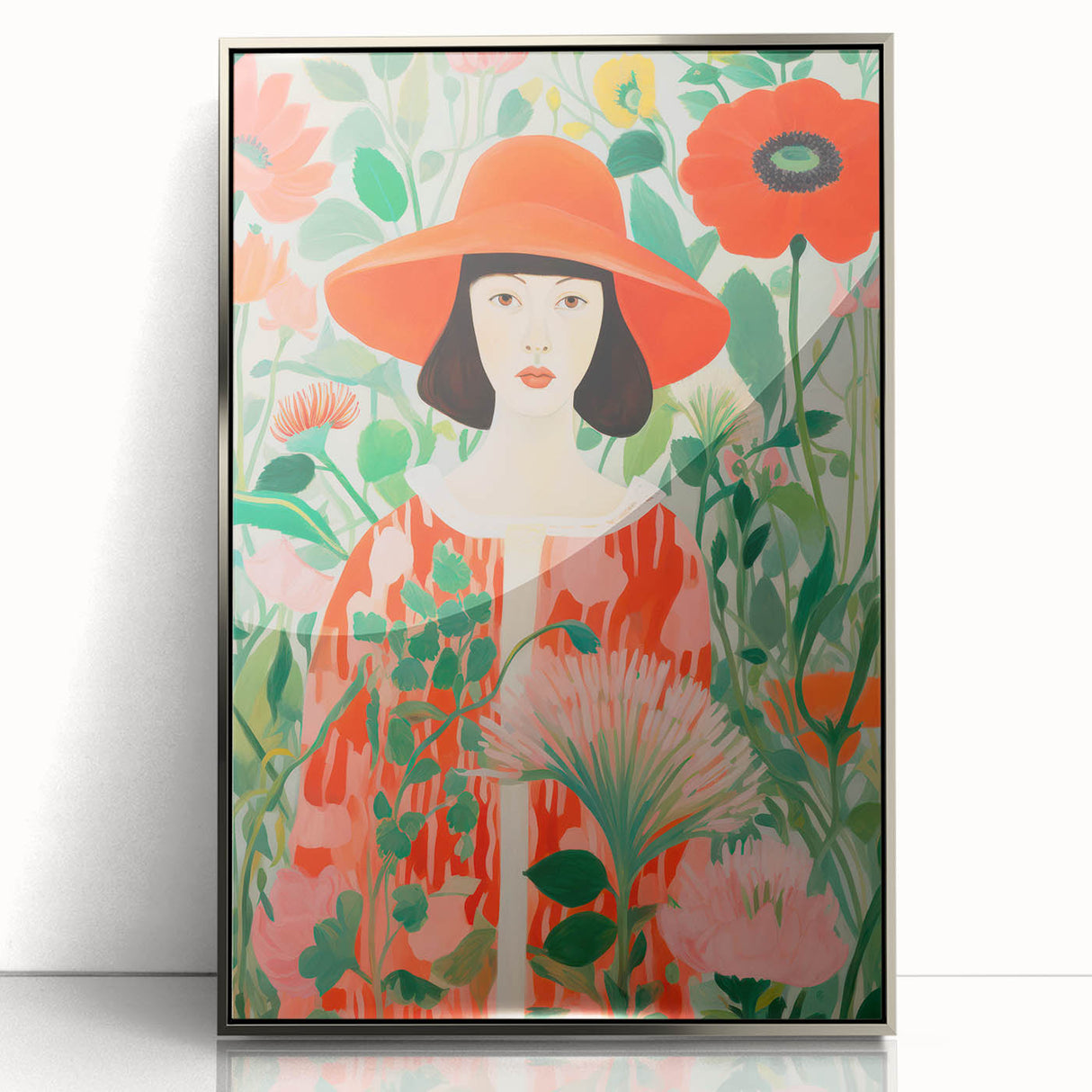 Maximalist Wall Art - Bold Floral Portrait with Red Hat - Vibrant Decor