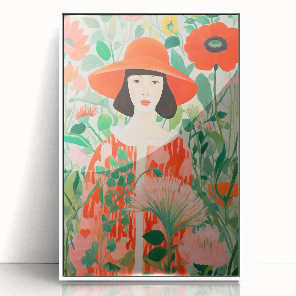 Maximalist Wall Art - Bold Floral Portrait with Red Hat - Vibrant Decor