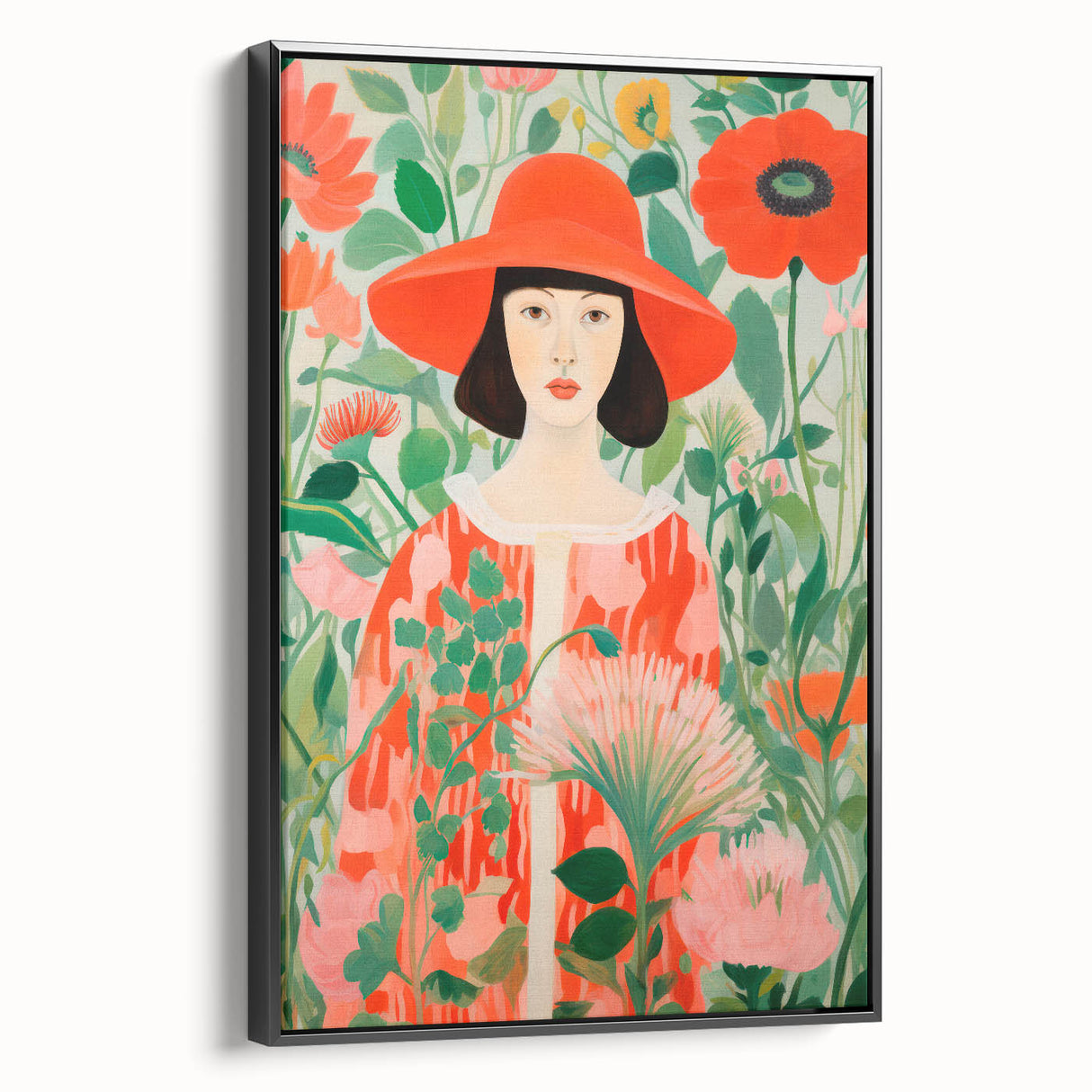 Maximalist Wall Art - Bold Floral Portrait with Red Hat - Vibrant Decor