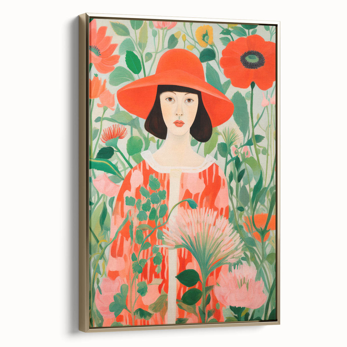 Maximalist Wall Art - Bold Floral Portrait with Red Hat - Vibrant Decor