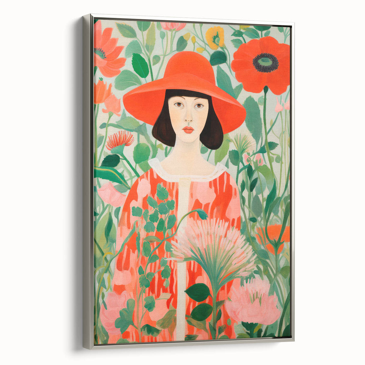 Maximalist Wall Art - Bold Floral Portrait with Red Hat - Vibrant Decor