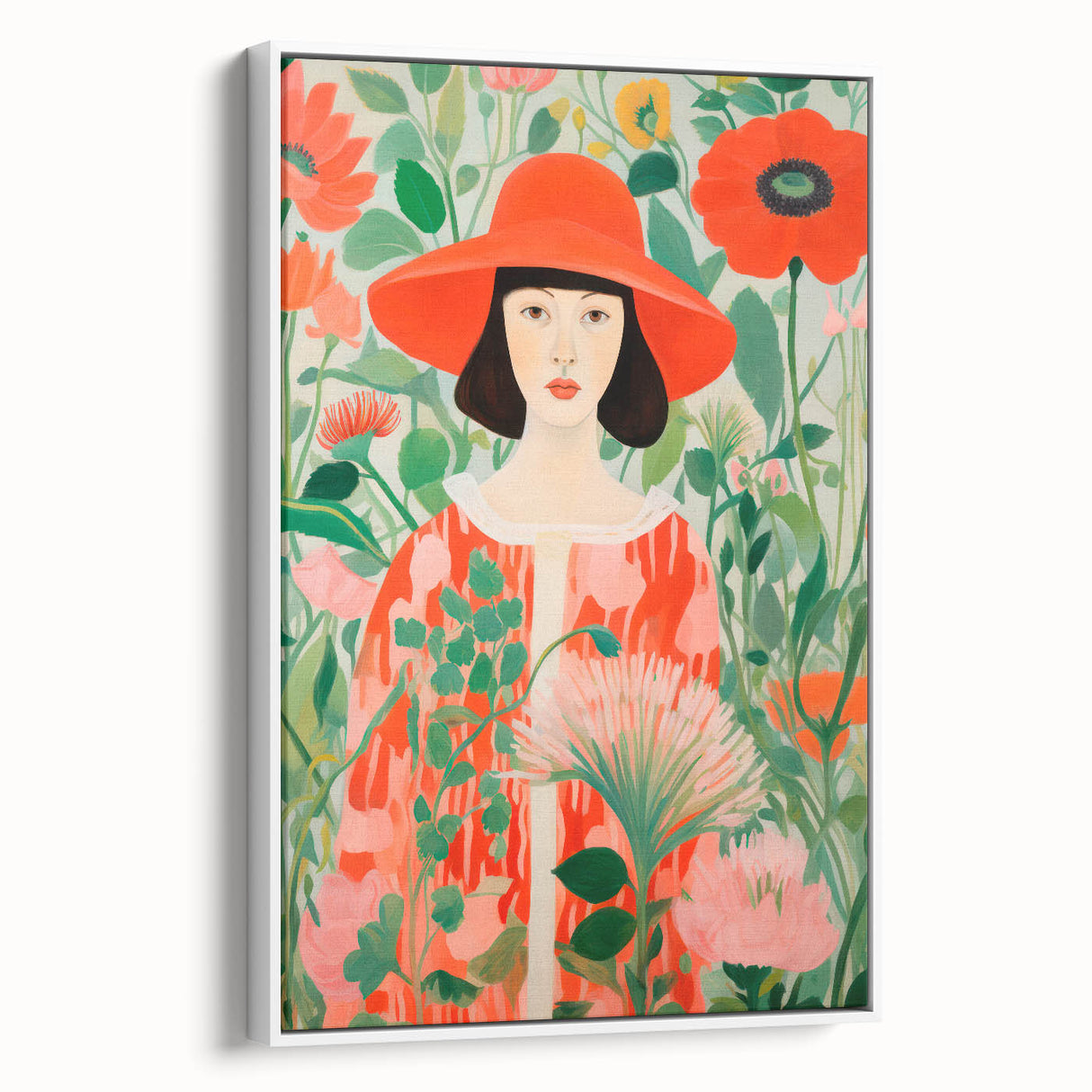 Maximalist Wall Art - Bold Floral Portrait with Red Hat - Vibrant Decor