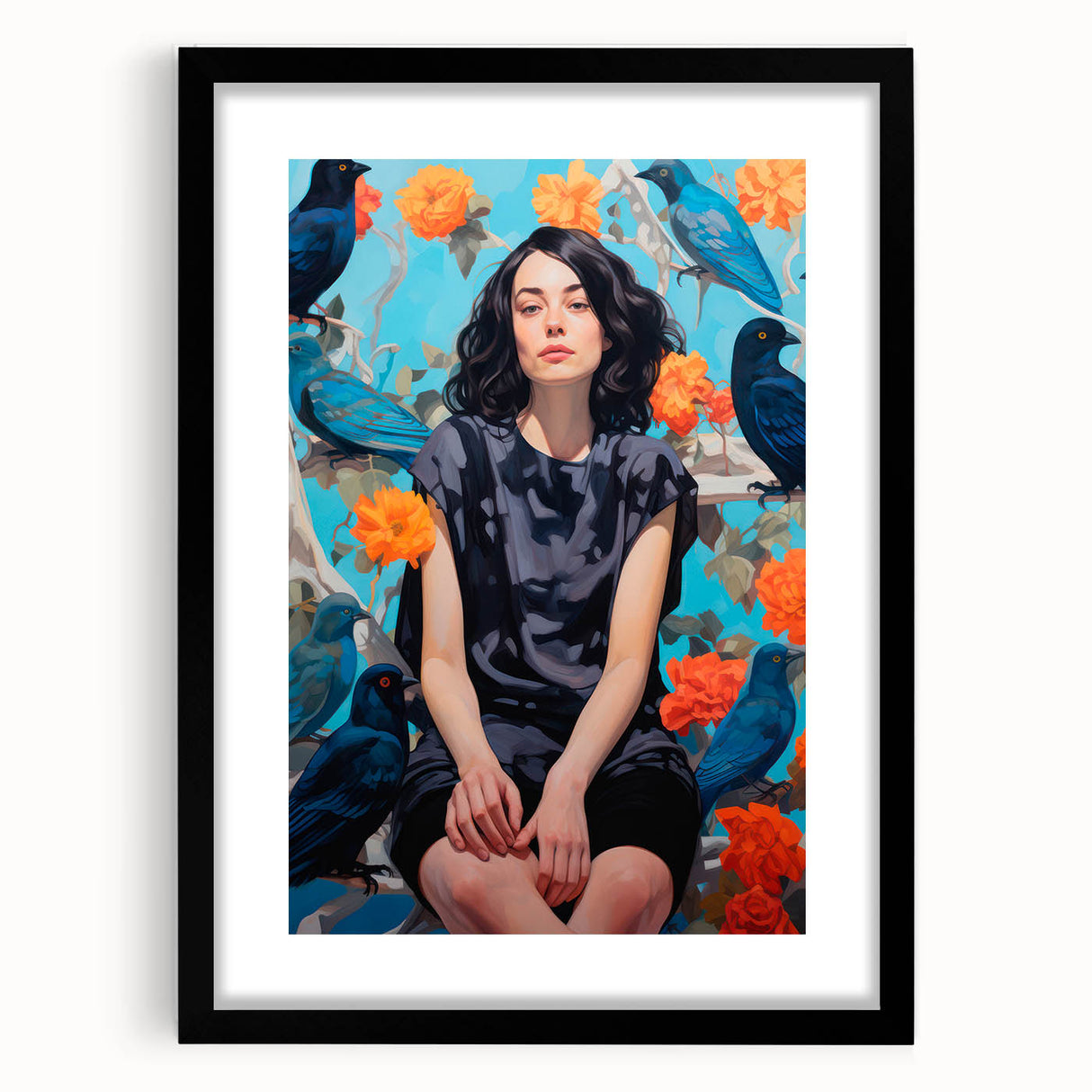 Maximalist Wall Art - Bold Eclectic Portrait with Birds - Vibrant Decor Piece