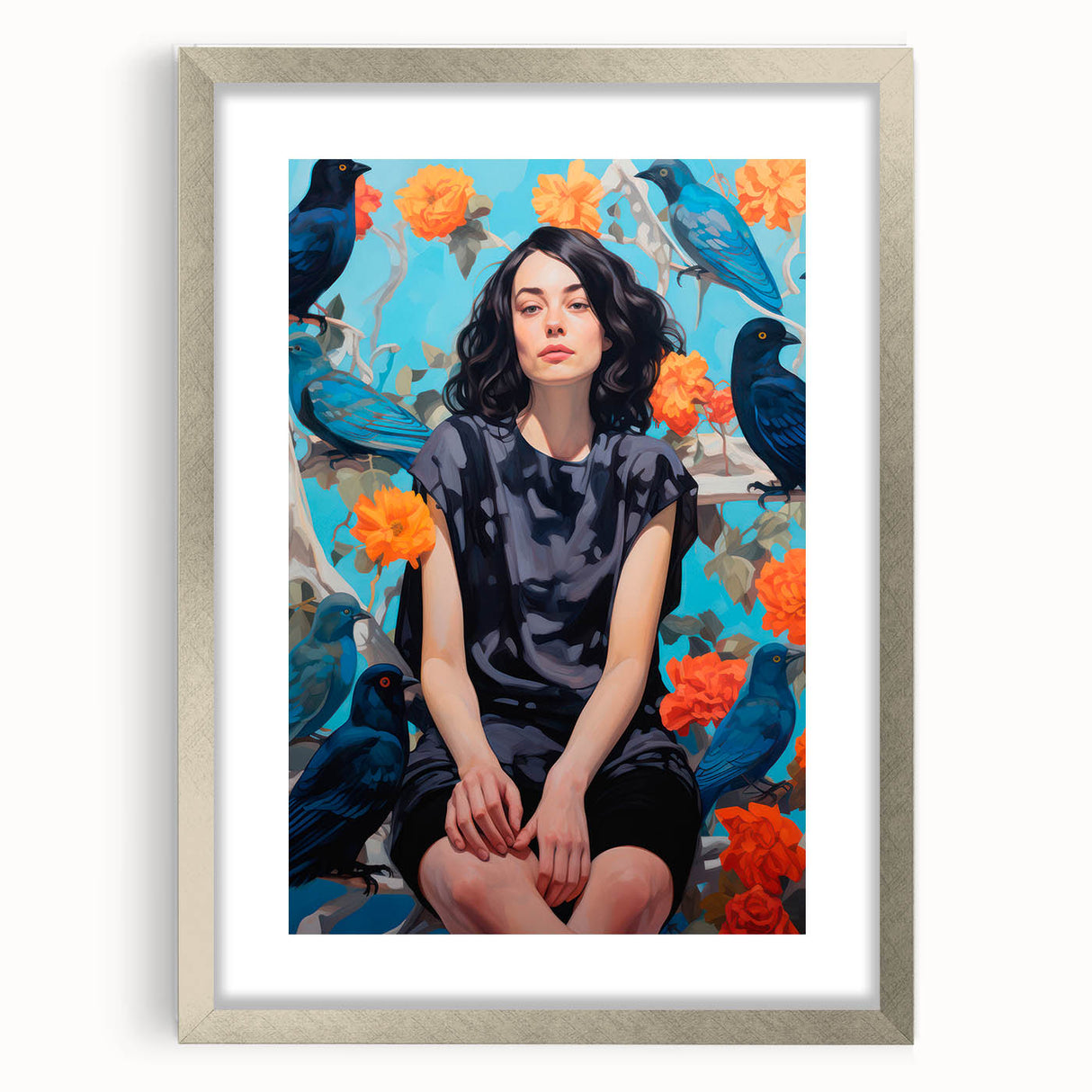 Maximalist Wall Art - Bold Eclectic Portrait with Birds - Vibrant Decor Piece