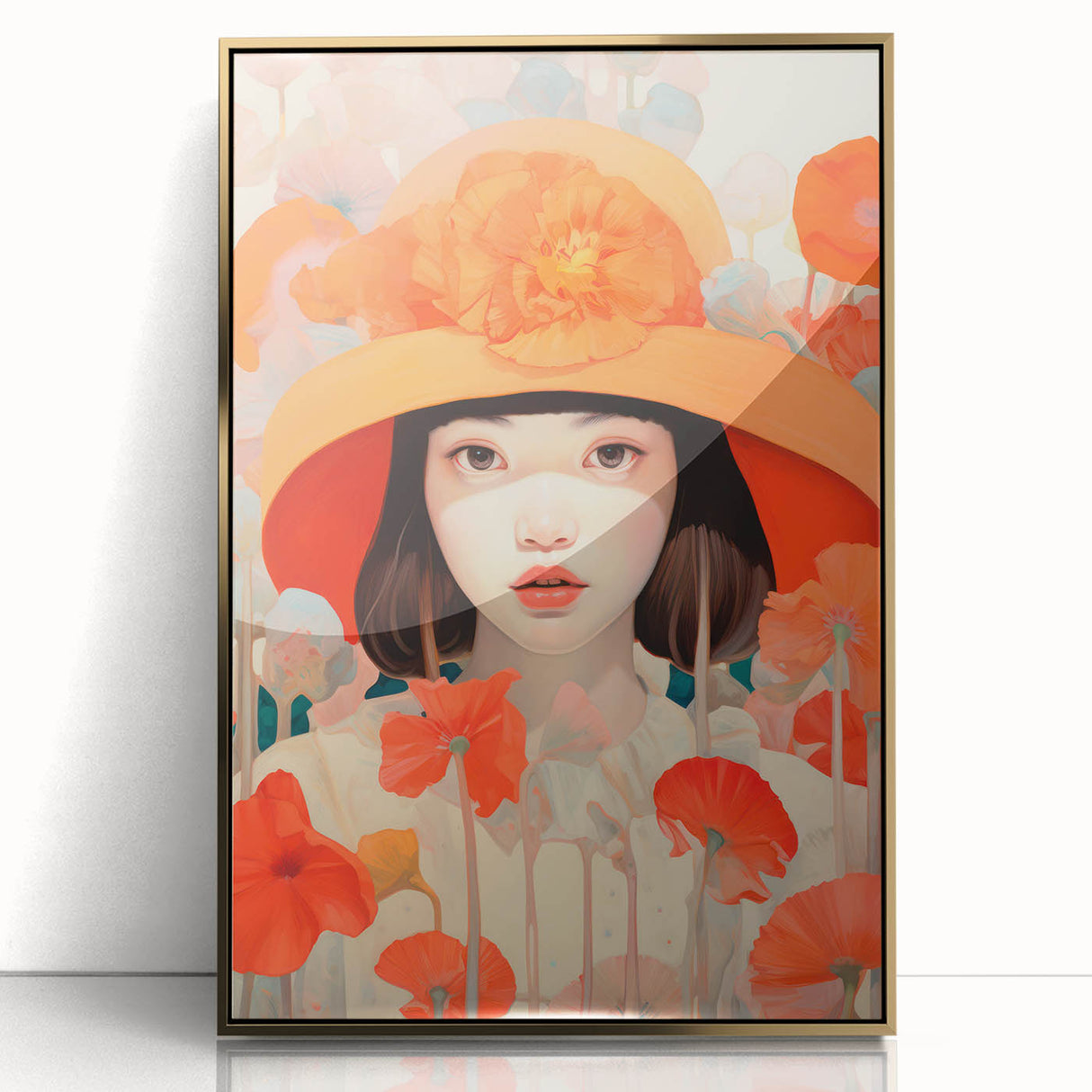 Maximalist Wall Art - Bold Portrait with Vibrant Florals in Orange Tones