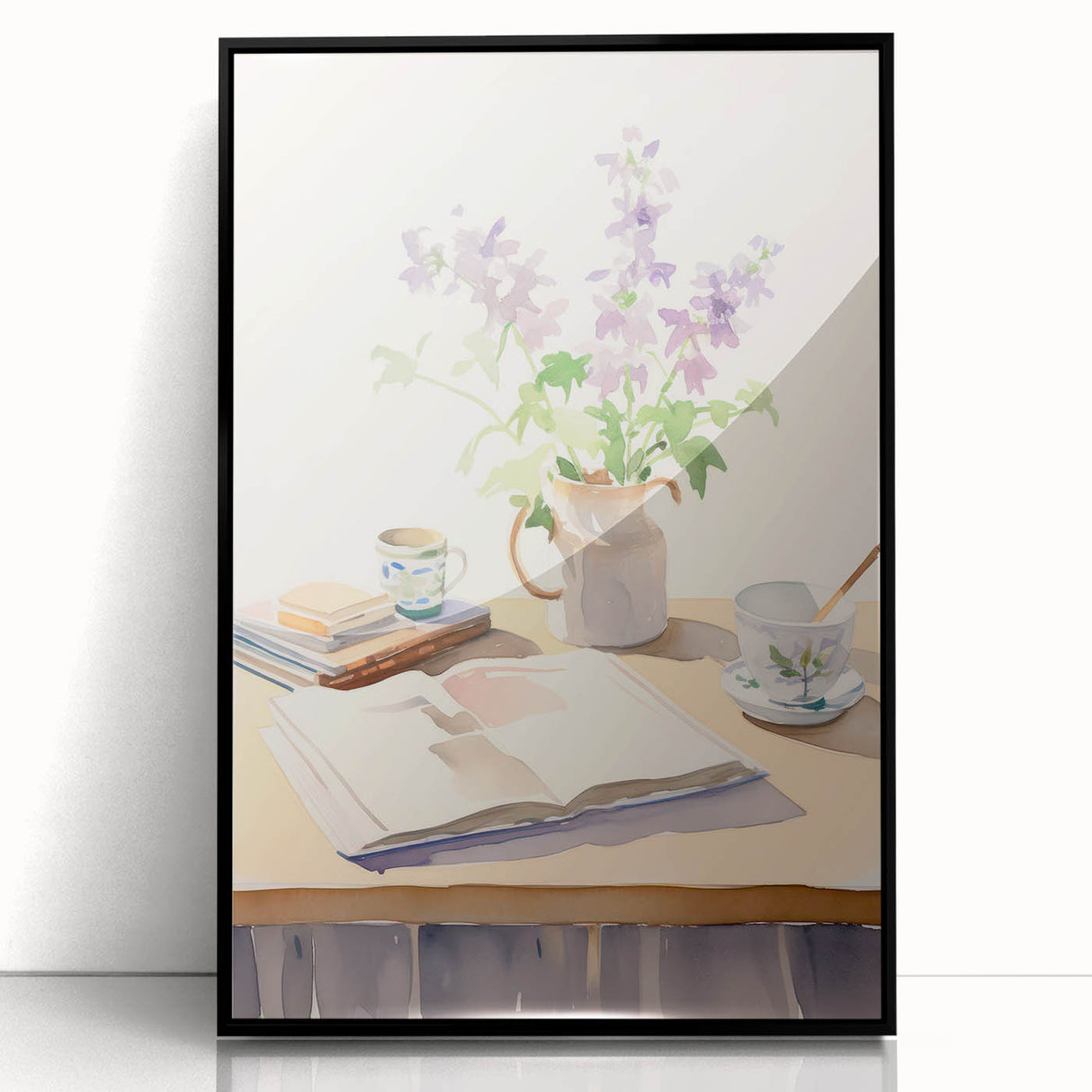 Maximalist Wall Art: Serene Still Life with Books and Flowers – Eclectic Decor