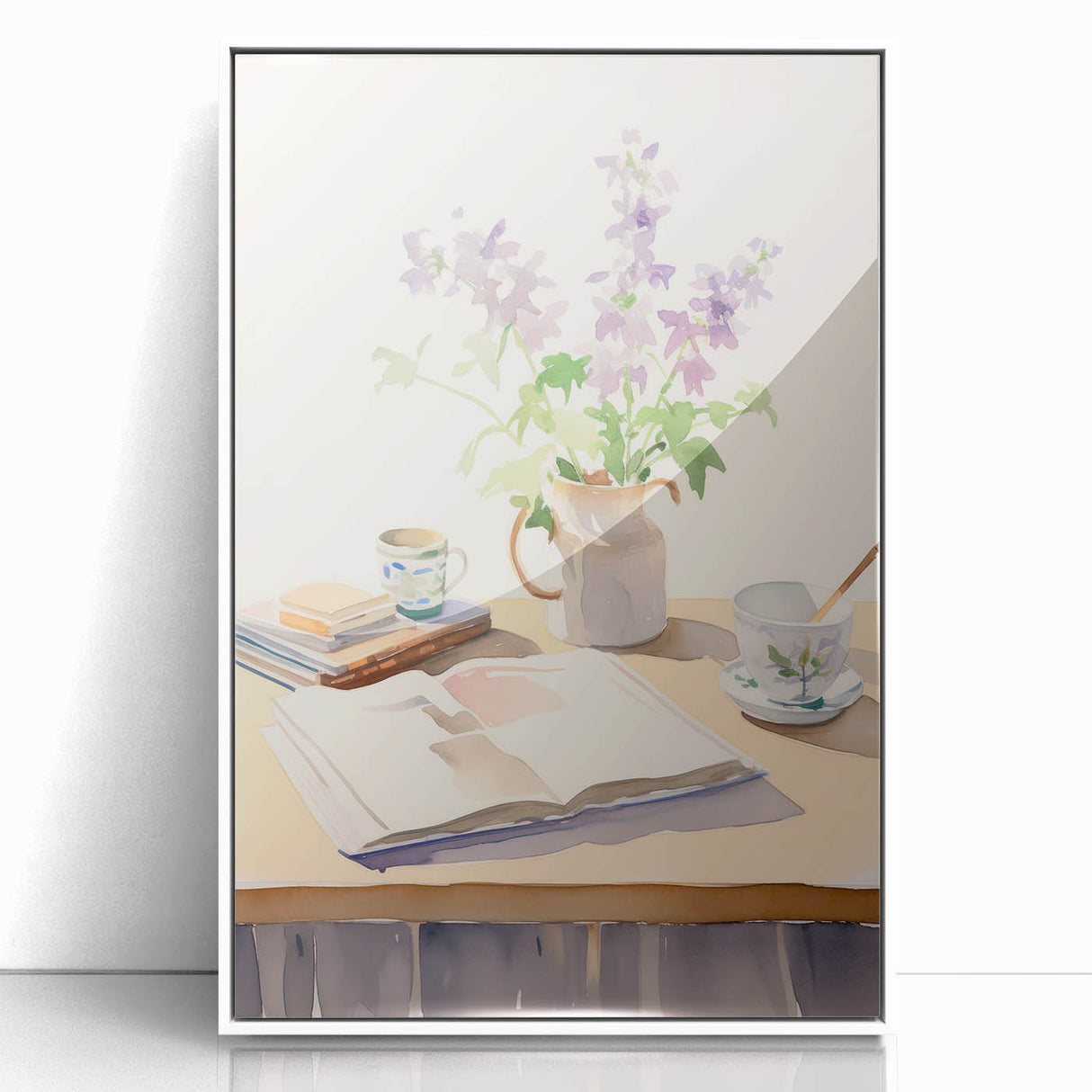 Maximalist Wall Art: Serene Still Life with Books and Flowers – Eclectic Decor
