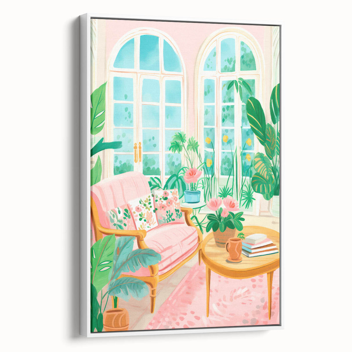 Maximalist Wall Art: Cozy Indoor Scene with Plants and Pink Accents – Eclectic Decor