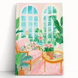 Maximalist Wall Art: Cozy Indoor Scene with Plants and Pink Accents – Eclectic Decor