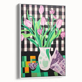 Maximalist Wall Art: Bold Tulips with Checkered Background – Eclectic Decor