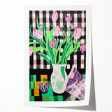 Maximalist Wall Art: Bold Tulips with Checkered Background – Eclectic Decor