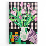 Maximalist Wall Art: Bold Tulips with Checkered Background – Eclectic Decor