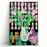 Maximalist Wall Art: Bold Tulips with Checkered Background – Eclectic Decor