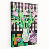Maximalist Wall Art: Bold Tulips with Checkered Background – Eclectic Decor