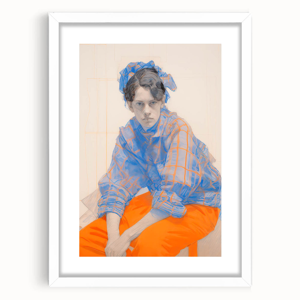 Maximalist Wall Art: Bold Blue and Orange Portrait for Eclectic Spaces