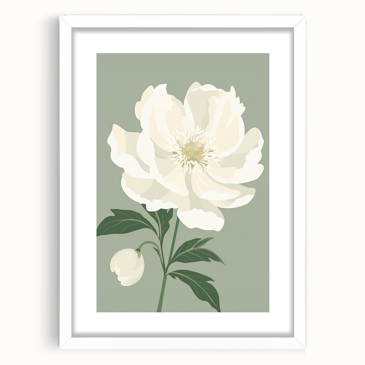 Maximalist Wall Art: Elegant White Peony on Soft Green for Serene Decor