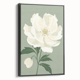 Maximalist Wall Art: Elegant White Peony on Soft Green for Serene Decor