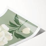 Maximalist Wall Art: Elegant White Peony on Soft Green for Serene Decor