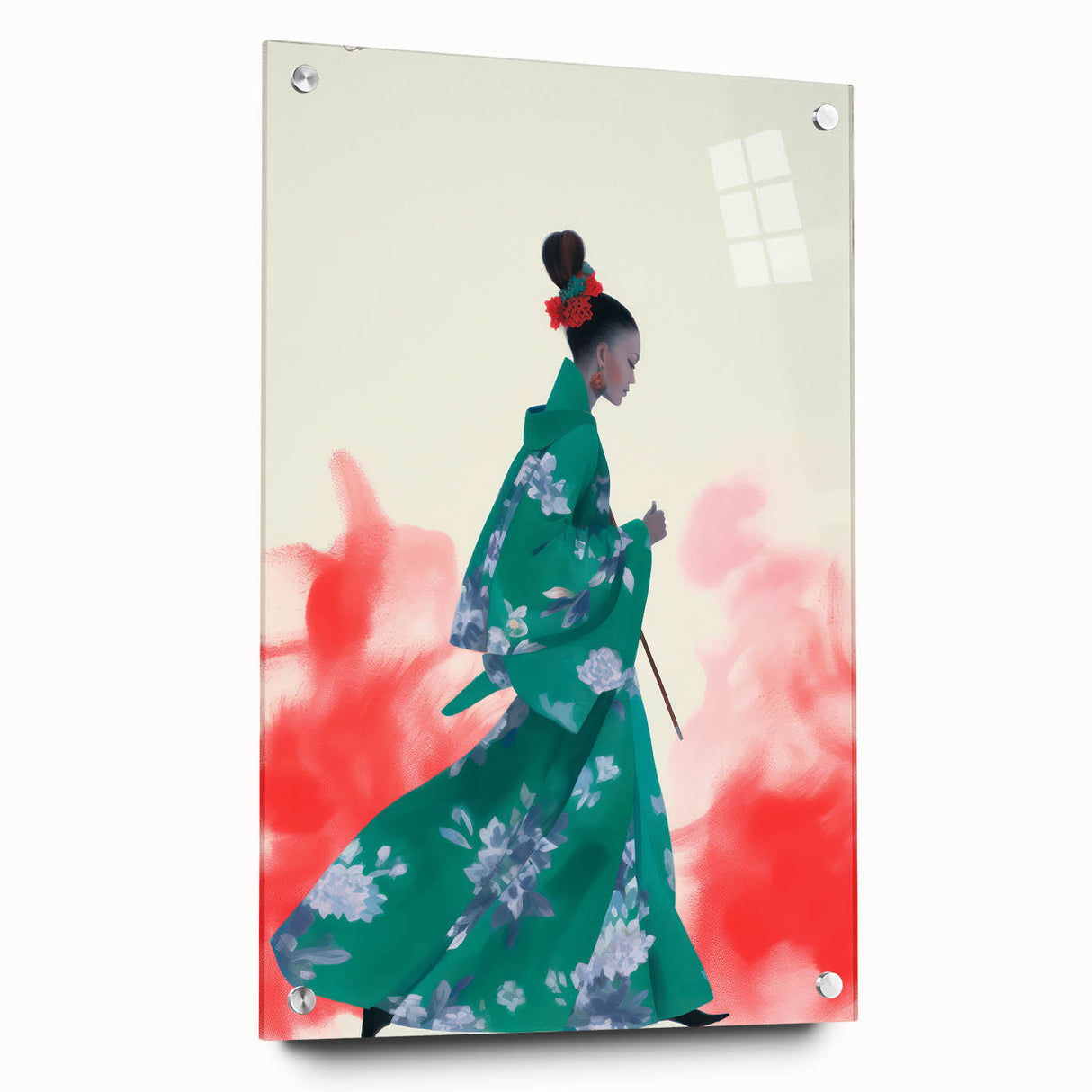 Maximalist Wall Art: Elegant Woman in Green Kimono for Bold Decor