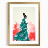 Maximalist Wall Art: Elegant Woman in Green Kimono for Bold Decor