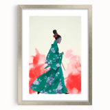 Maximalist Wall Art: Elegant Woman in Green Kimono for Bold Decor