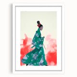 Maximalist Wall Art: Elegant Woman in Green Kimono for Bold Decor