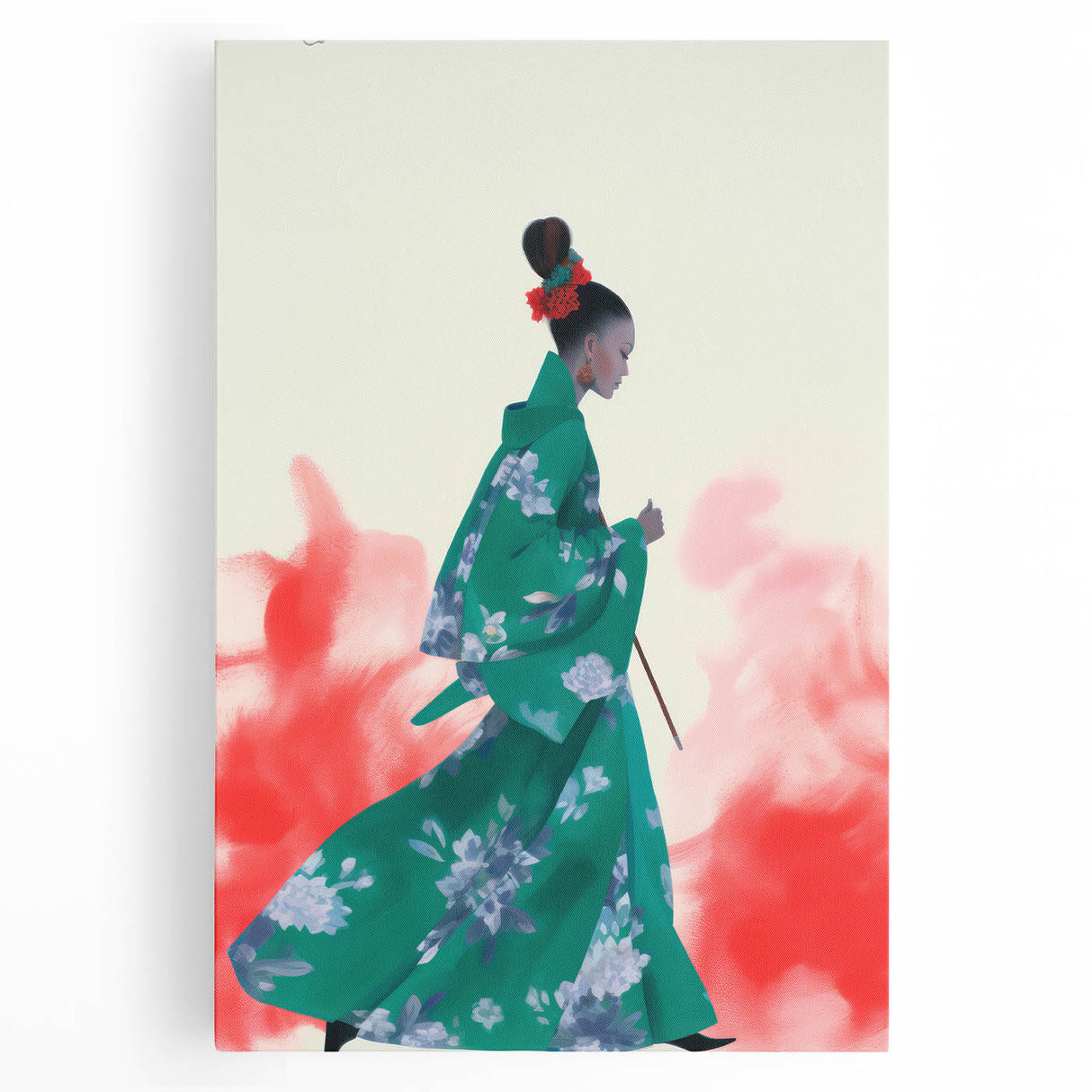 Maximalist Wall Art: Elegant Woman in Green Kimono for Bold Decor