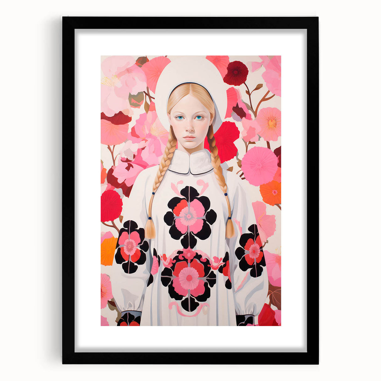Maximalist Wall Art: Bold Girl in Floral Pattern for Vibrant Decor