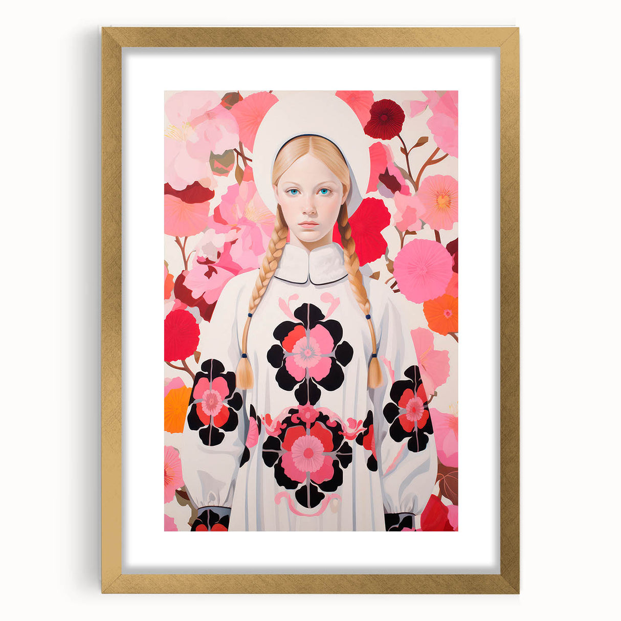 Maximalist Wall Art: Bold Girl in Floral Pattern for Vibrant Decor