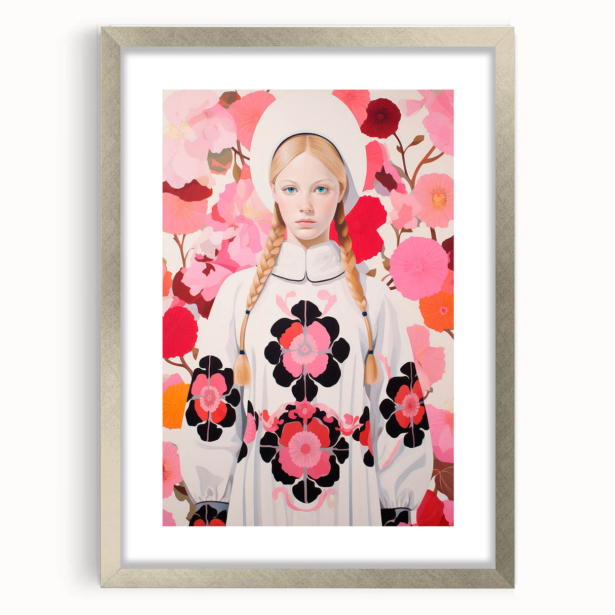 Maximalist Wall Art: Bold Girl in Floral Pattern for Vibrant Decor