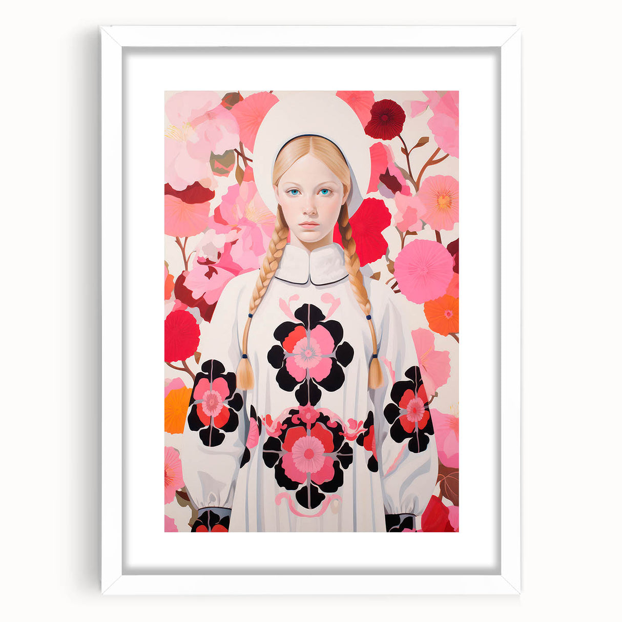 Maximalist Wall Art: Bold Girl in Floral Pattern for Vibrant Decor