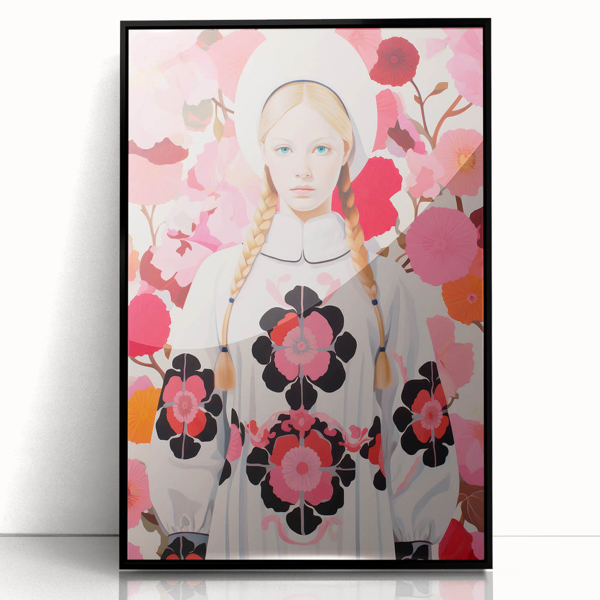 Maximalist Wall Art: Bold Girl in Floral Pattern for Vibrant Decor
