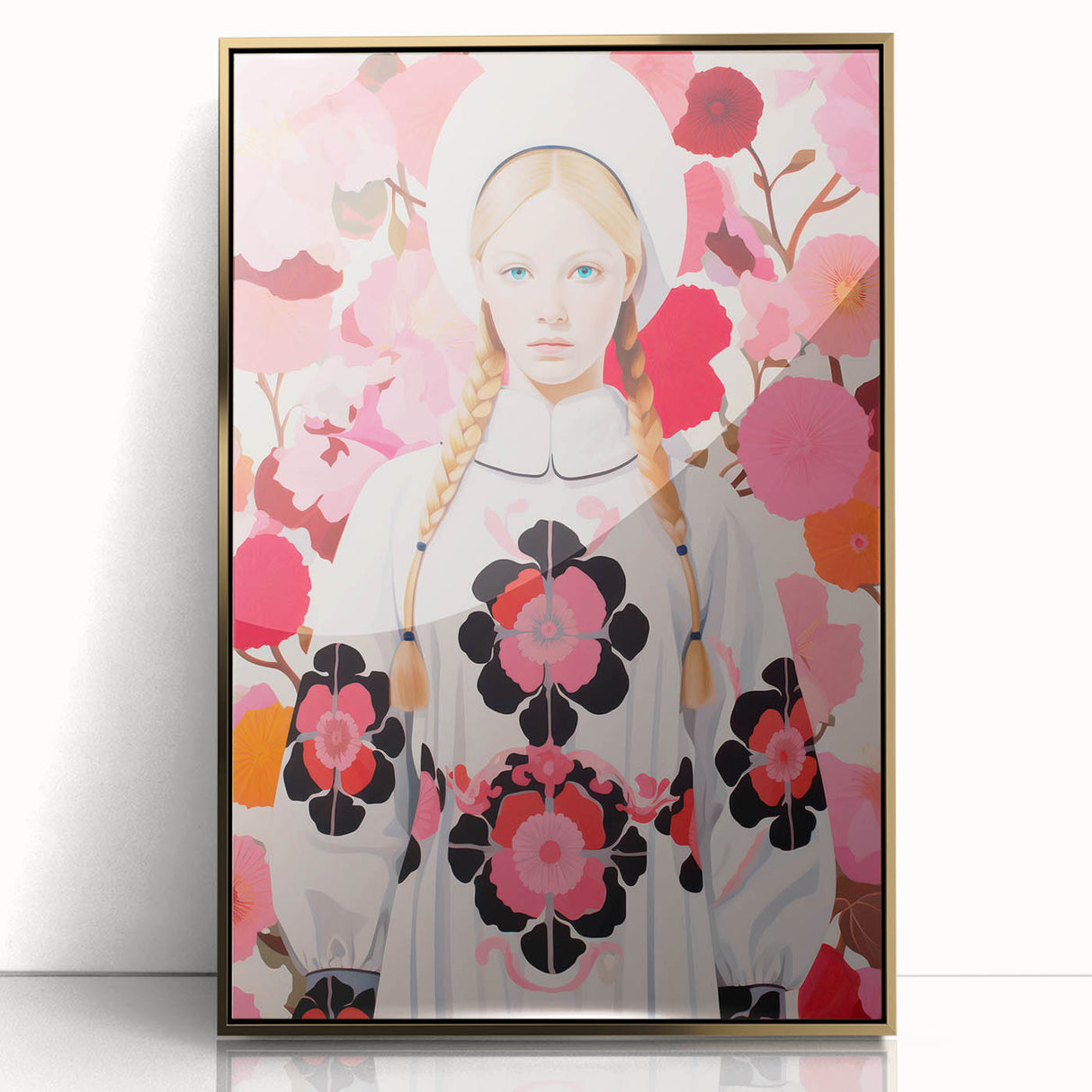 Maximalist Wall Art: Bold Girl in Floral Pattern for Vibrant Decor