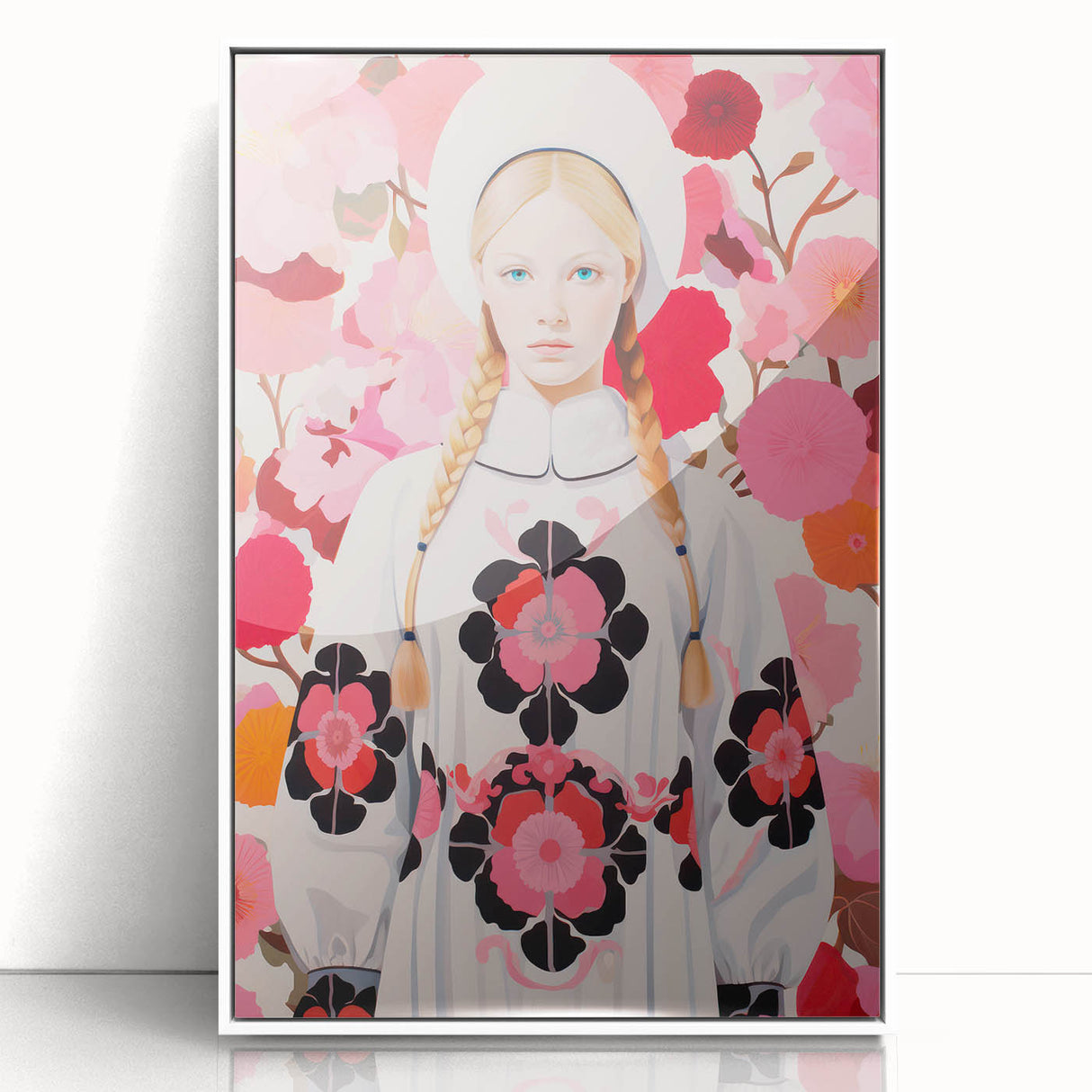 Maximalist Wall Art: Bold Girl in Floral Pattern for Vibrant Decor