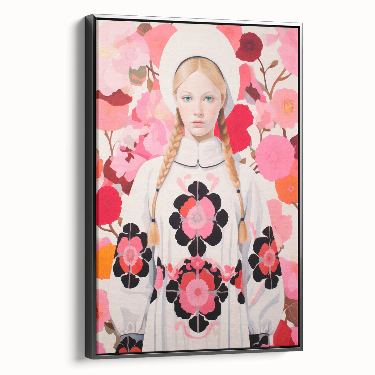 Maximalist Wall Art: Bold Girl in Floral Pattern for Vibrant Decor
