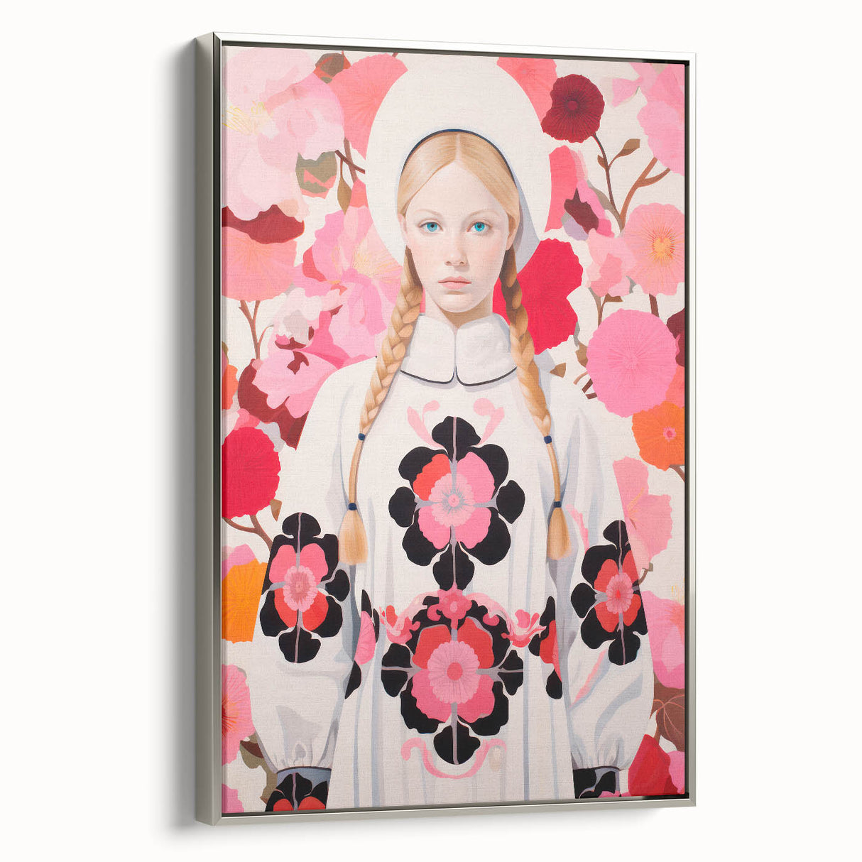 Maximalist Wall Art: Bold Girl in Floral Pattern for Vibrant Decor