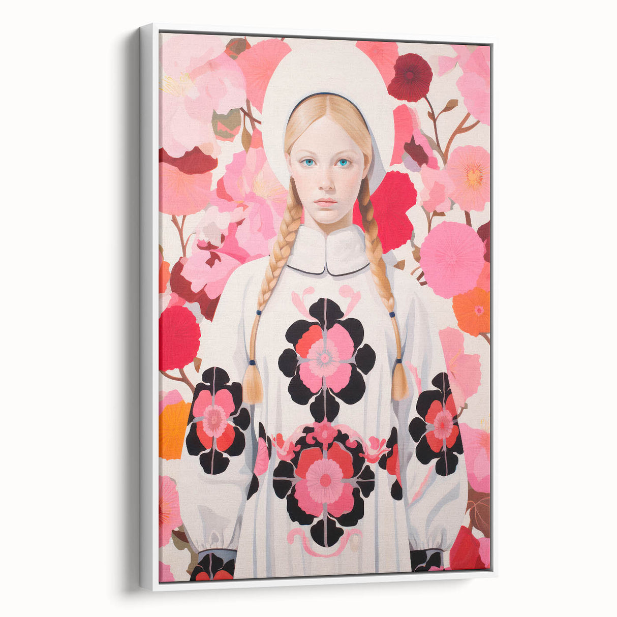 Maximalist Wall Art: Bold Girl in Floral Pattern for Vibrant Decor