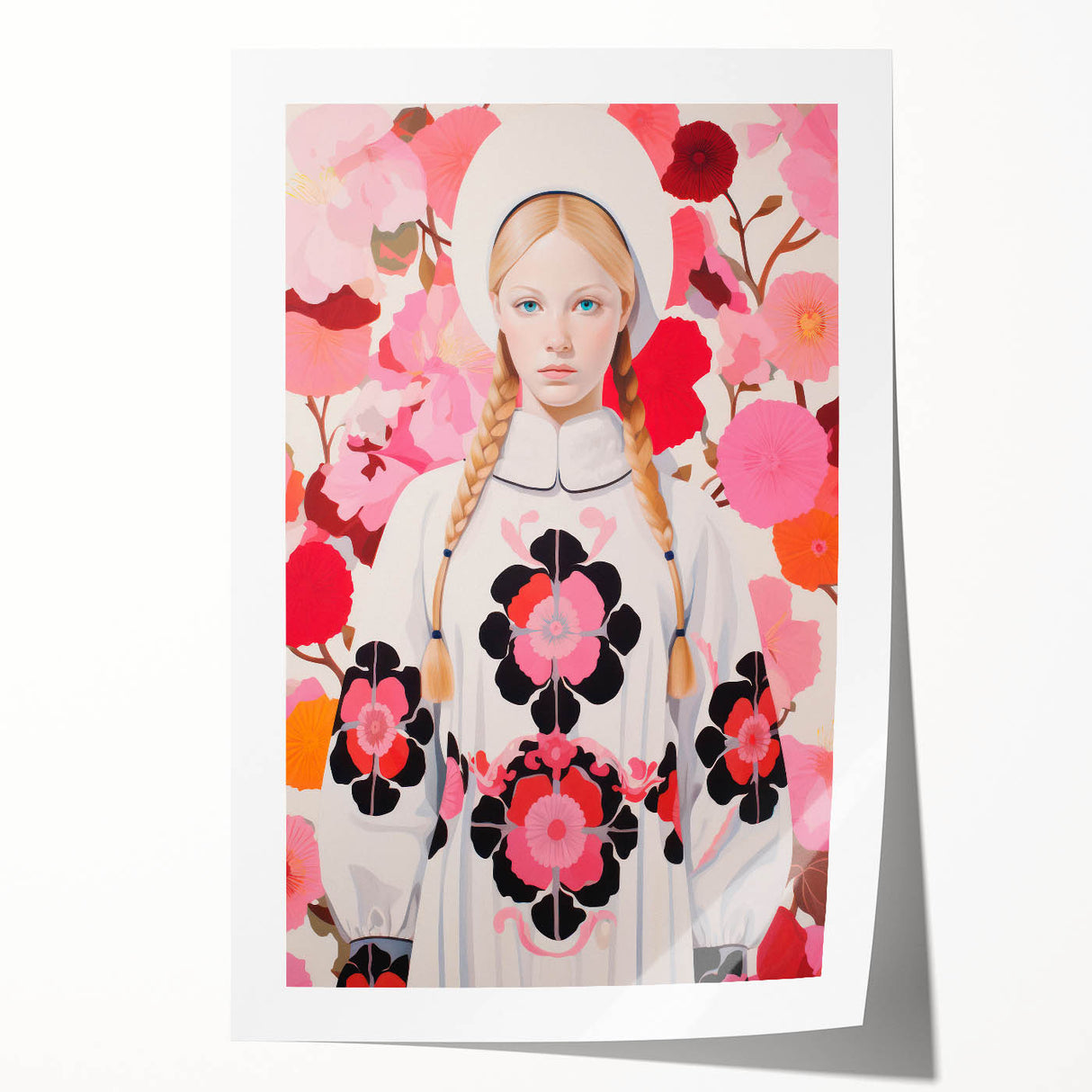 Maximalist Wall Art: Bold Girl in Floral Pattern for Vibrant Decor