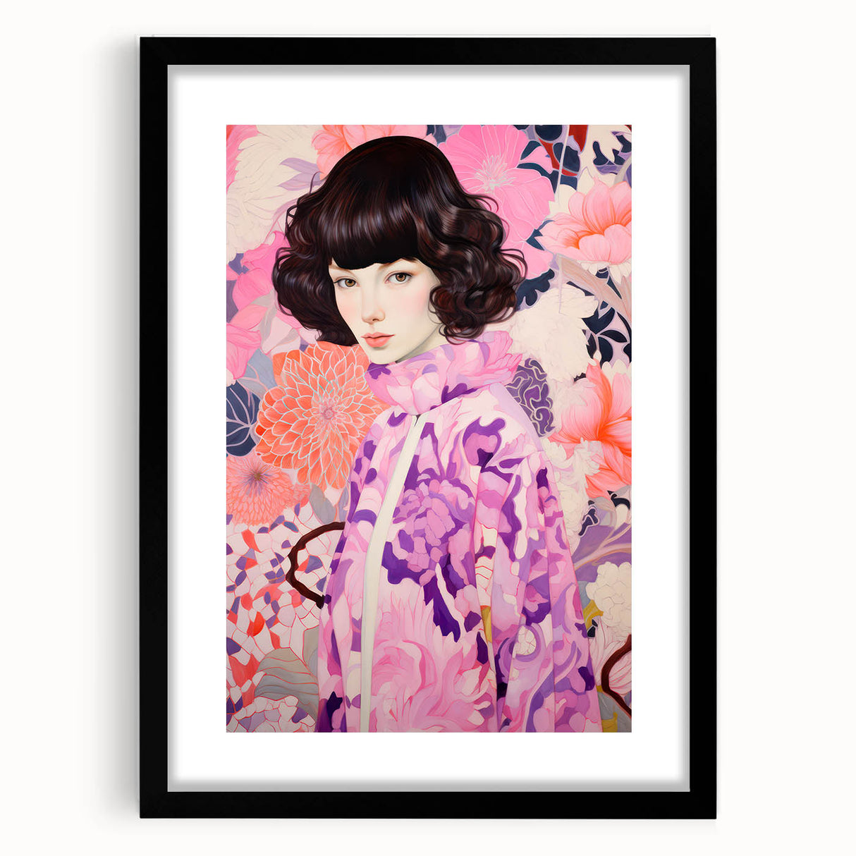 Maximalist Wall Art: Vibrant Floral Portrait of Woman in Purple for Decor