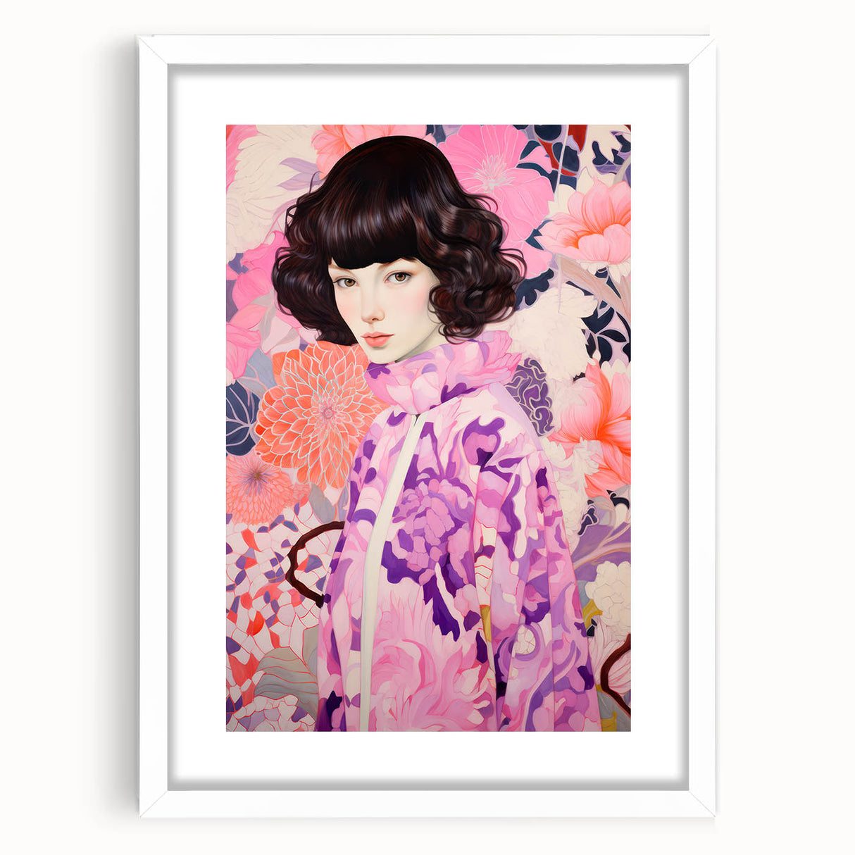 Maximalist Wall Art: Vibrant Floral Portrait of Woman in Purple for Decor