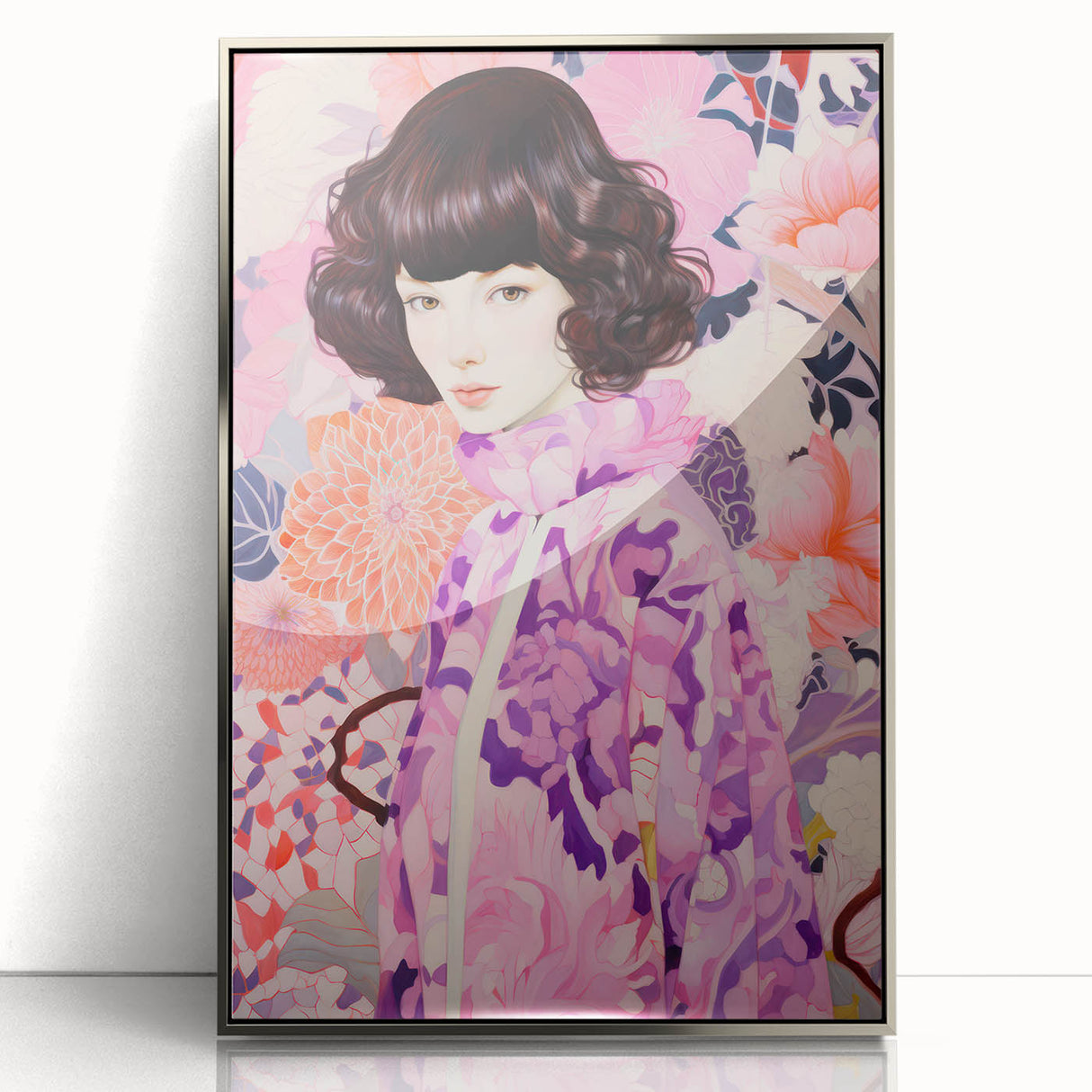 Maximalist Wall Art: Vibrant Floral Portrait of Woman in Purple for Decor