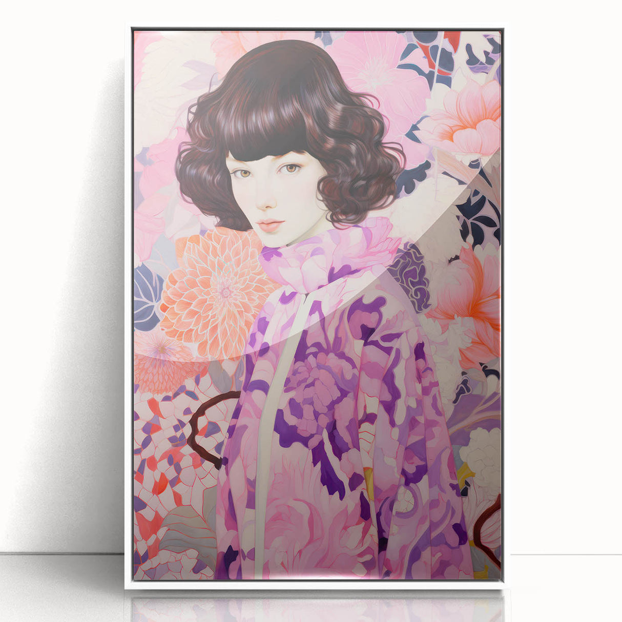 Maximalist Wall Art: Vibrant Floral Portrait of Woman in Purple for Decor